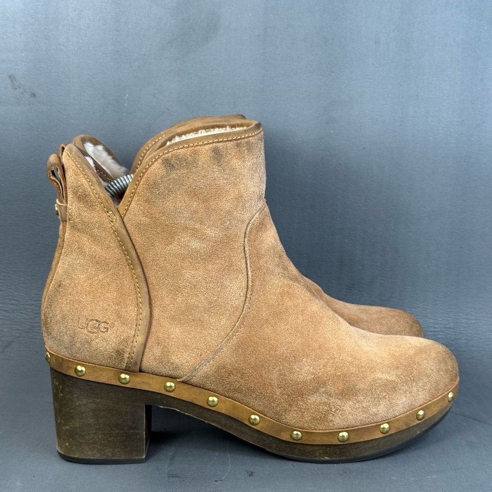 UGG Cam II Suede Sheepskin Clog Heel Ankle Booties Chestnut womens size 10